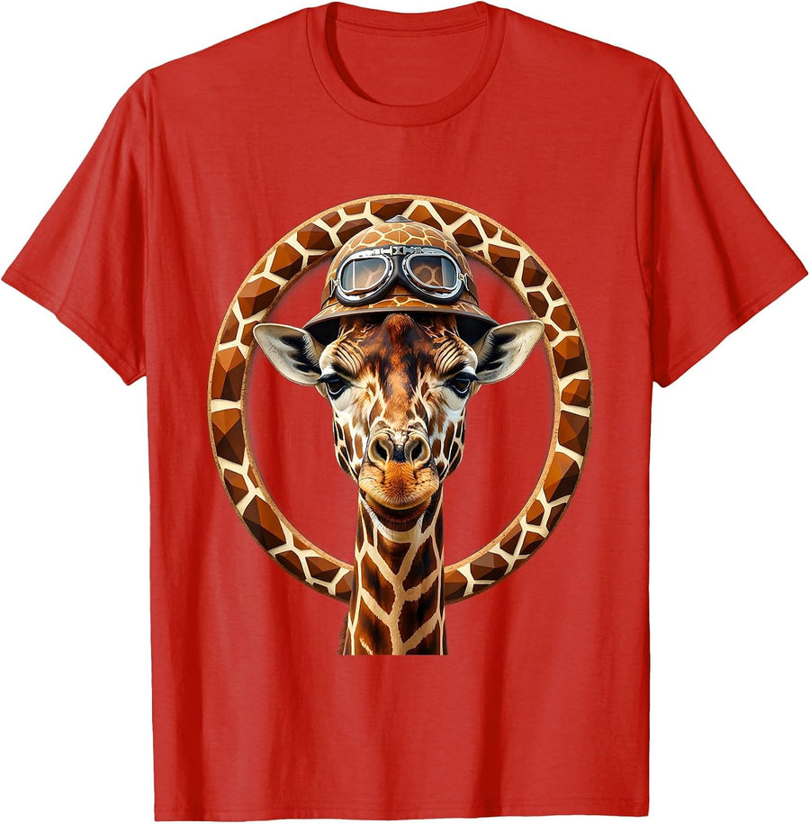 Men's Giraffe Vintage Explorer Helmet and Goggles T-Shirt - Red