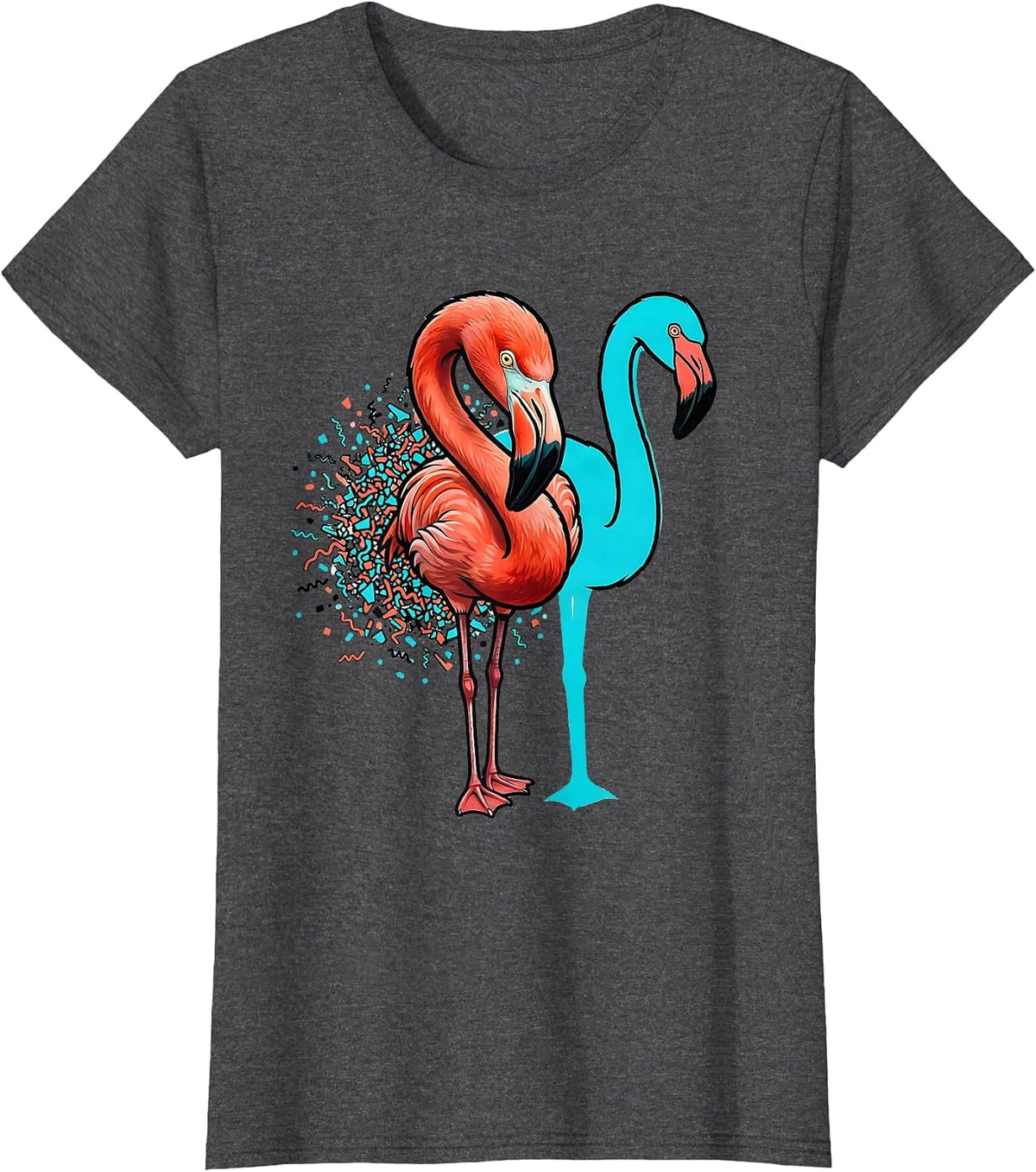 Women's Pink Flamingo Hook Gesture Memphis Postmodern Bird Lover T-Shirt - Dark Heather Grey