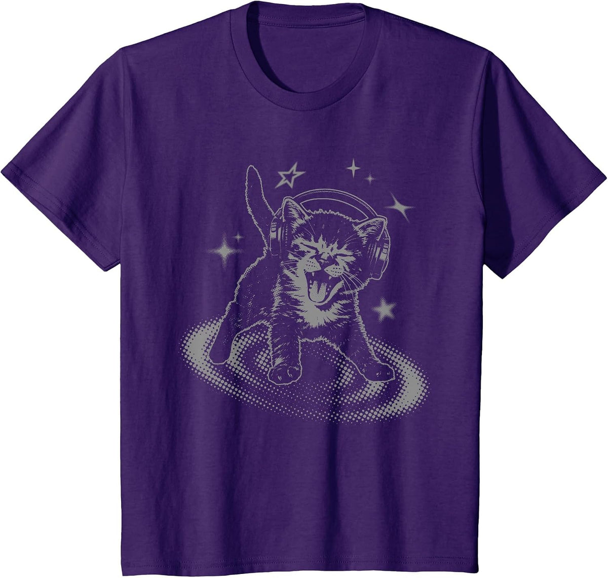 Y2K Cat Headphones Stars Silly 90s Grunge Vintage Graphic T-Shirt - Purple