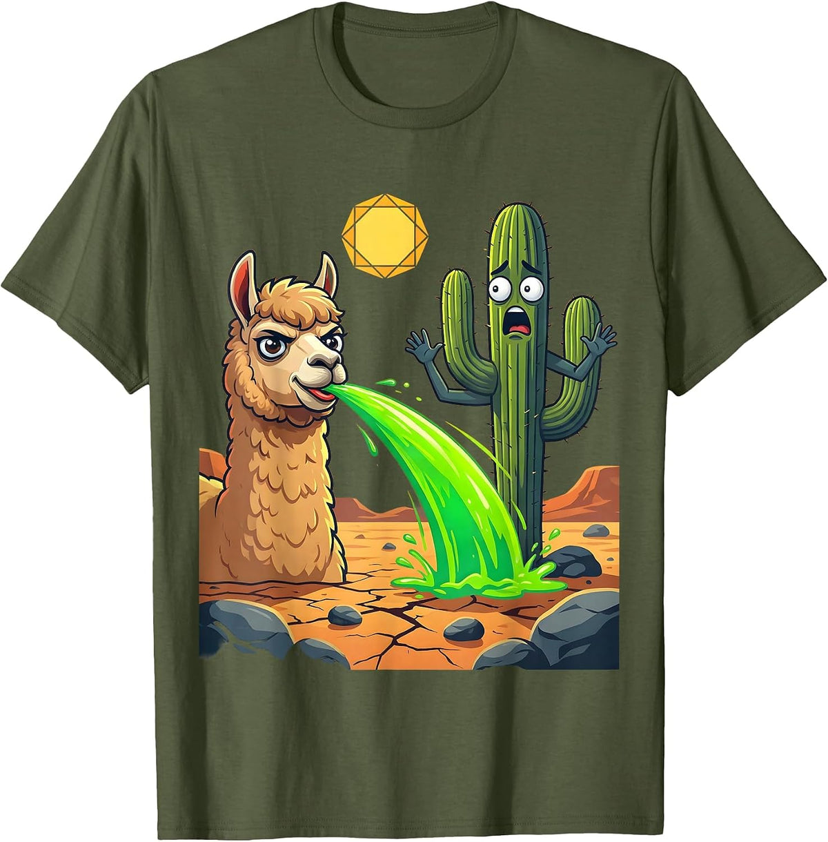 Funny Llama Spitting at Cactus Desert Scene T-Shirt - Olive Green