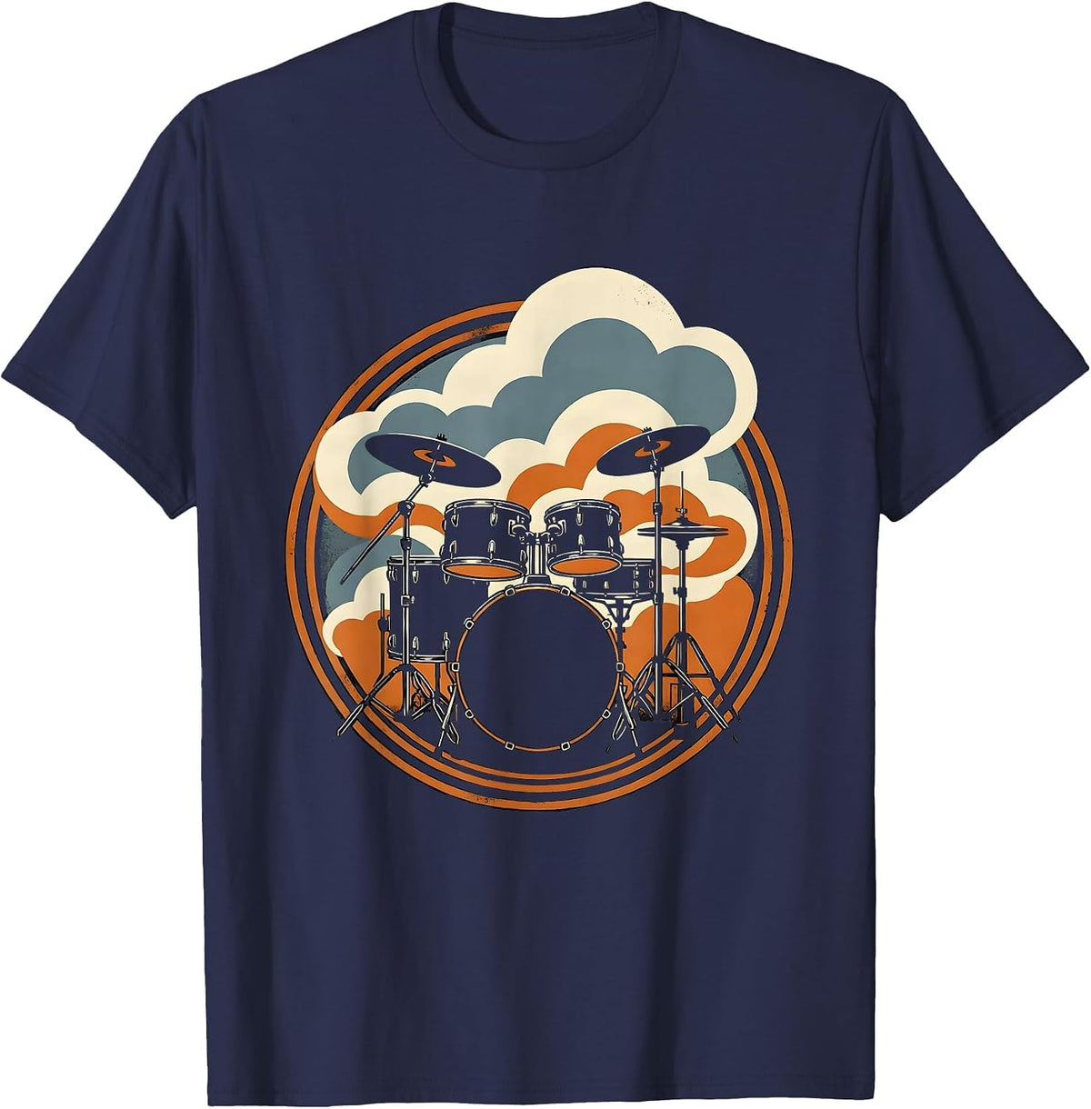 Drum Kit Engulfed in Rolling Smoke Graphic T-Shirt - Navy Blue