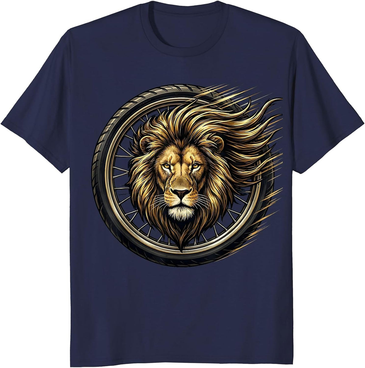 Lion Mane Wind Rider Motorcycle Graphic T-Shirt - Navy Blue