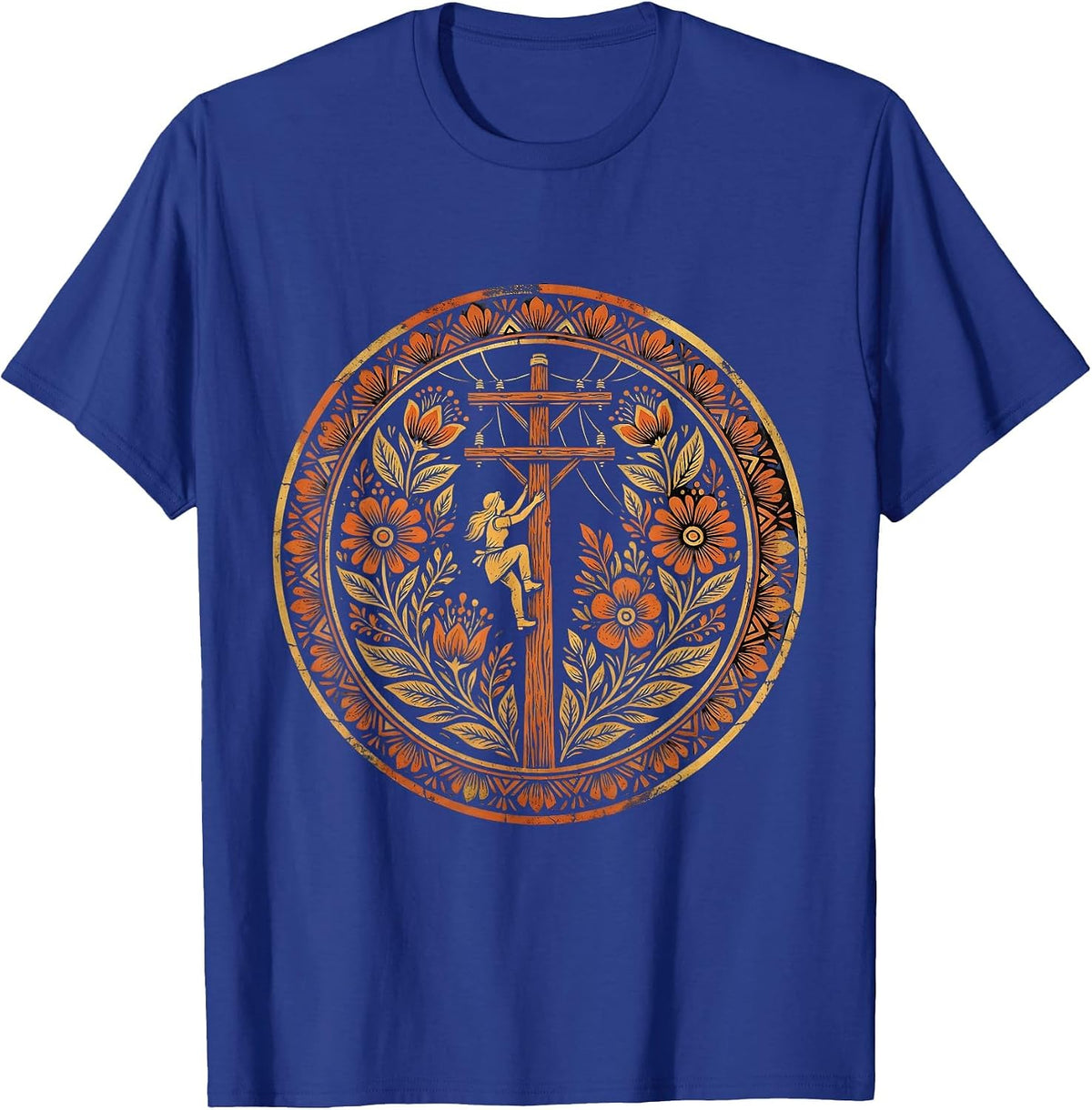 Men's Electrician Climbing Utility Pole Graphic Tee T-Shirt - Royal Blue