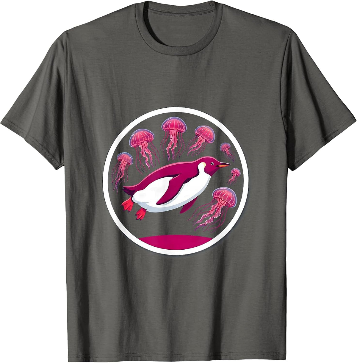 Men's Penguin Deep Sea Diving Glowing Jellyfish Art T-Shirt - Asphalt Grey