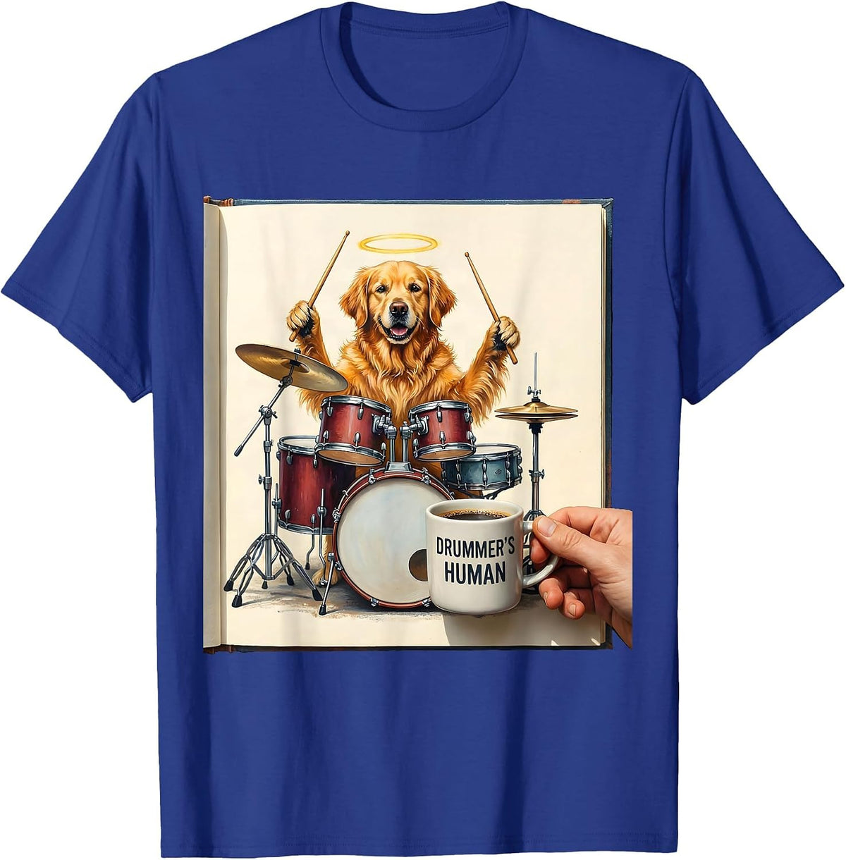 Drummer's Human Storybook Golden Retriever Dog Drummer Humor T-Shirt - Royal Blue