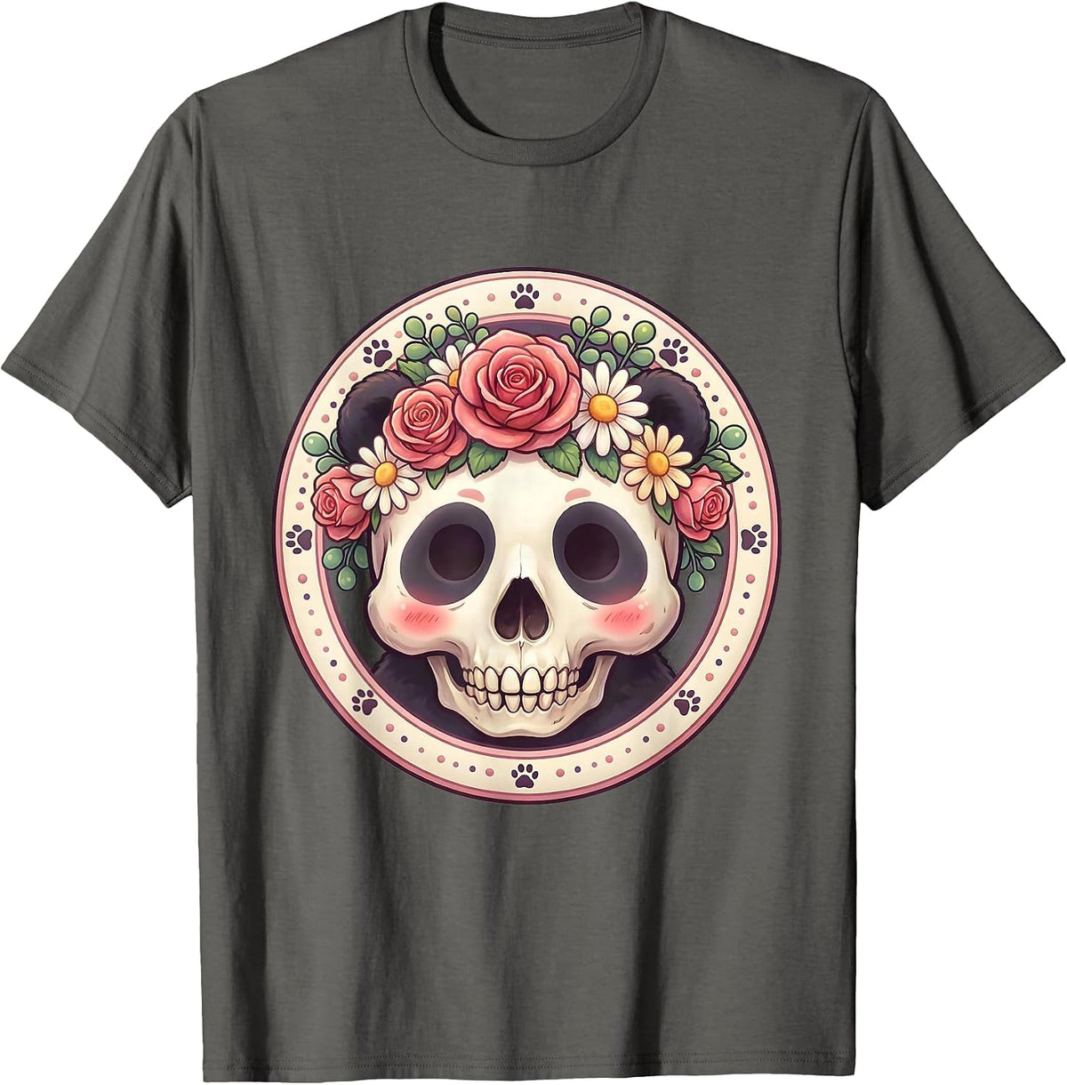 Men's Panda Skull Floral Crown Dark Art Design T-Shirt - Asphalt Grey