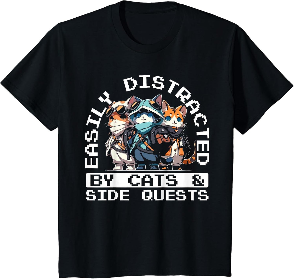 RPG Gamer Cats Distraction During Side Quest Nerdy T-Shirt - Black