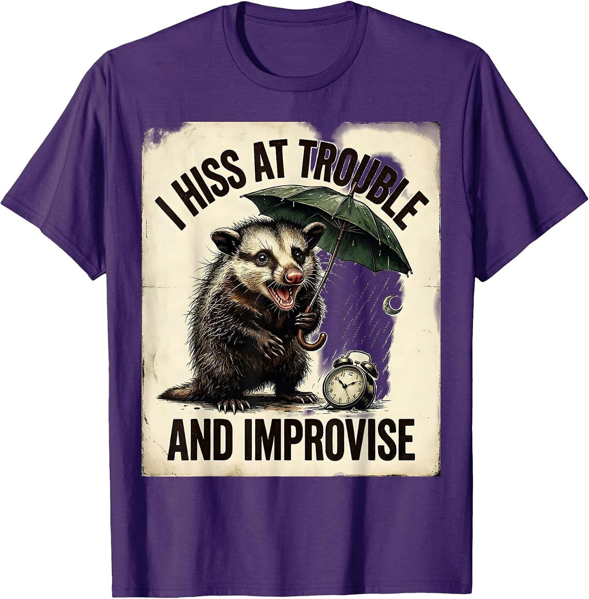 Men's I Hiss At Trouble And Improvise Vintage Opossum Meme Humor T-Shirt - Purple
