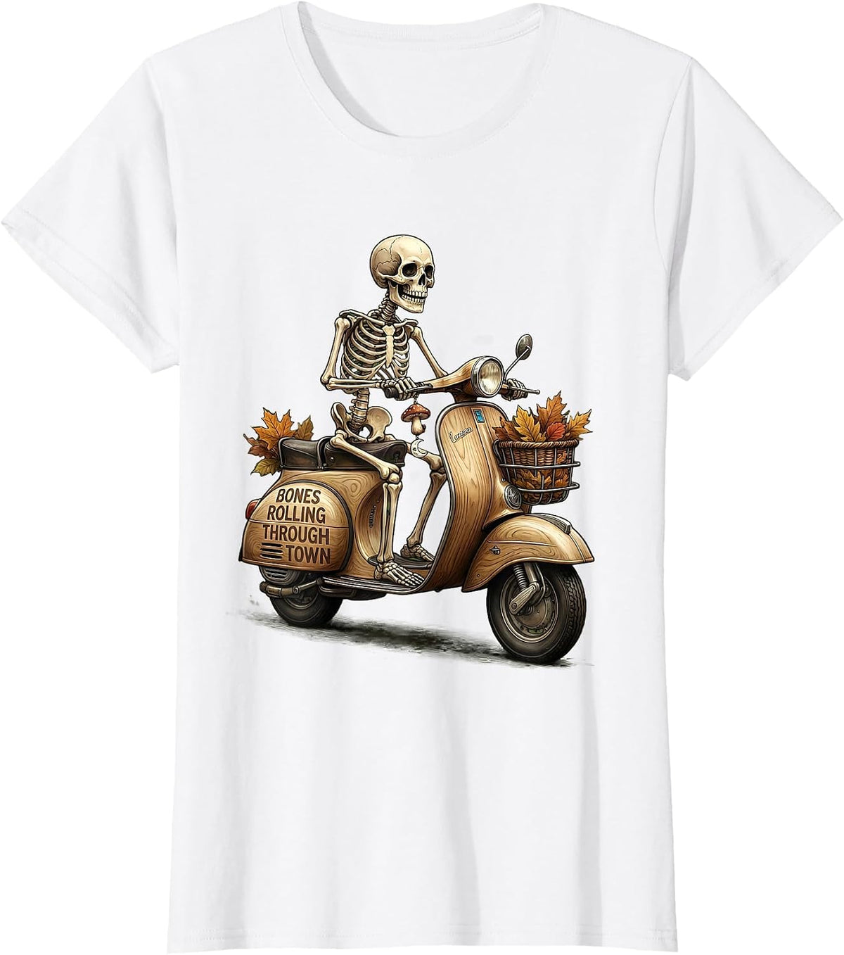 Halloween Skeleton Scooter Riding Through Town T-Shirt - White