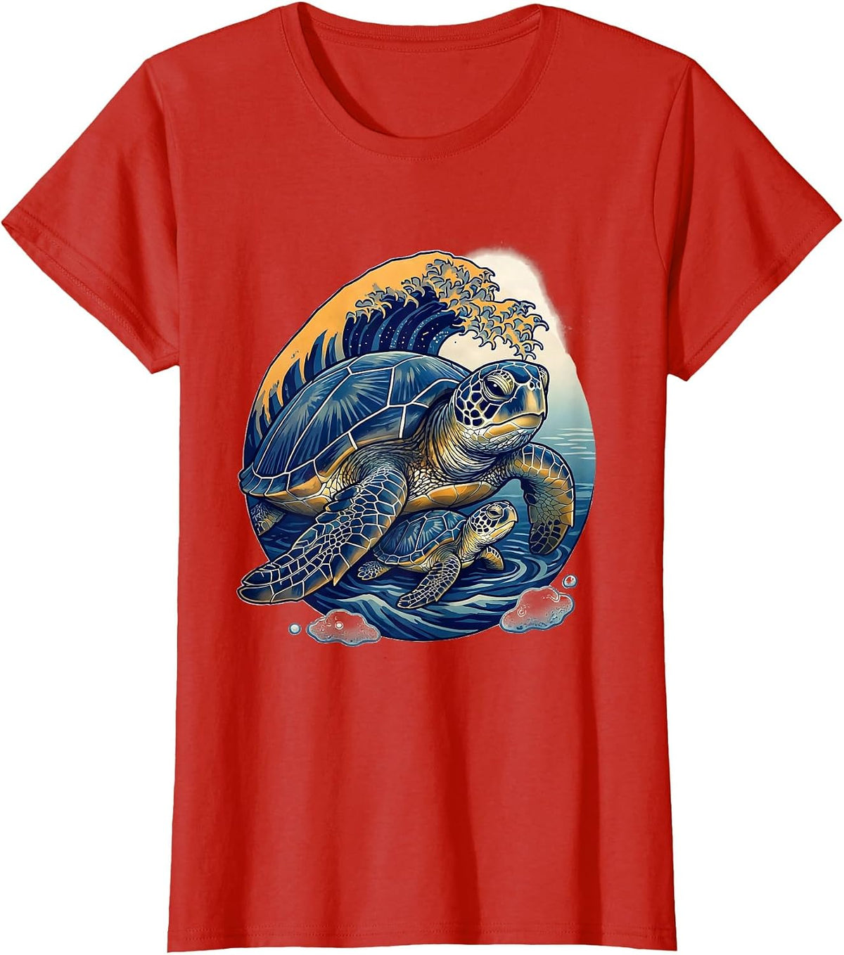 Sea Turtle Hatchling Ukiyo-e Ocean Animal Art T-Shirt - Red