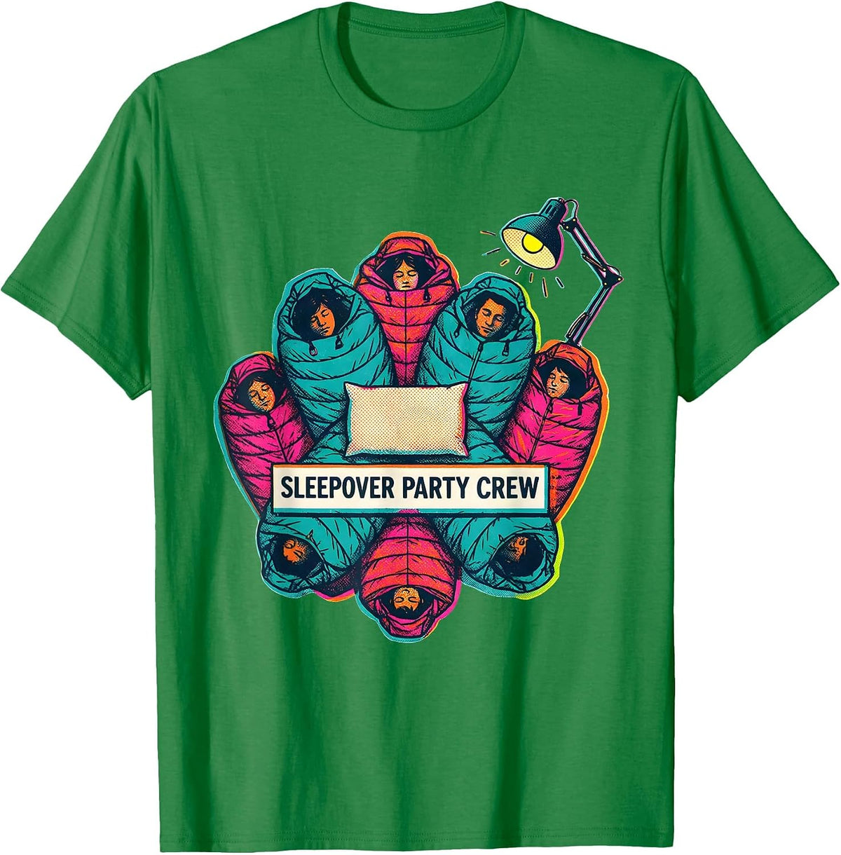 Men's Sleepover Party Crew Risograph Matching Group Slumber Party T-Shirt - Kelly Green