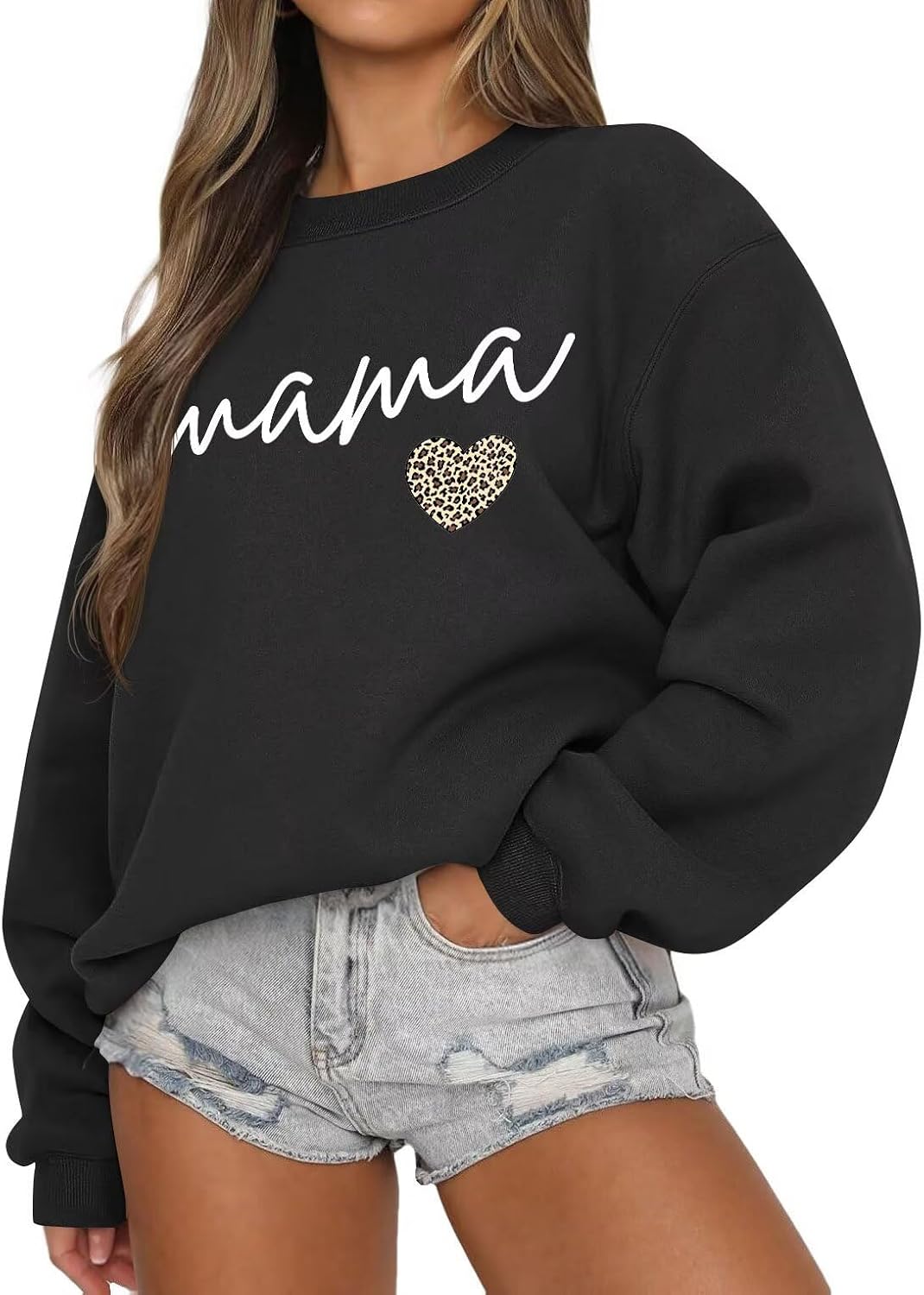 LEEDYA Women Long Sleeve Mama Sweatshirts Crewneck Casual Knit Mom Sweater - Black
