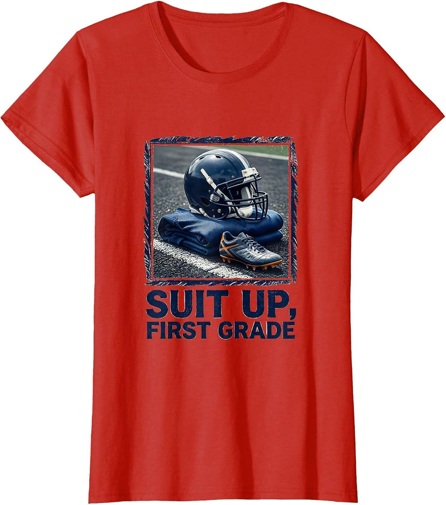 Women's Suit Up, First Grade Rubber Stamp Back to School Sports Kids T-Shirt - Red