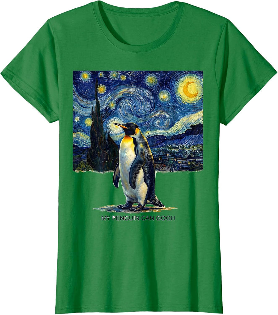 Women's My Penguin Can Gogh Funny Animal Art Parody Van Gogh Starry T-Shirt - Kelly Green