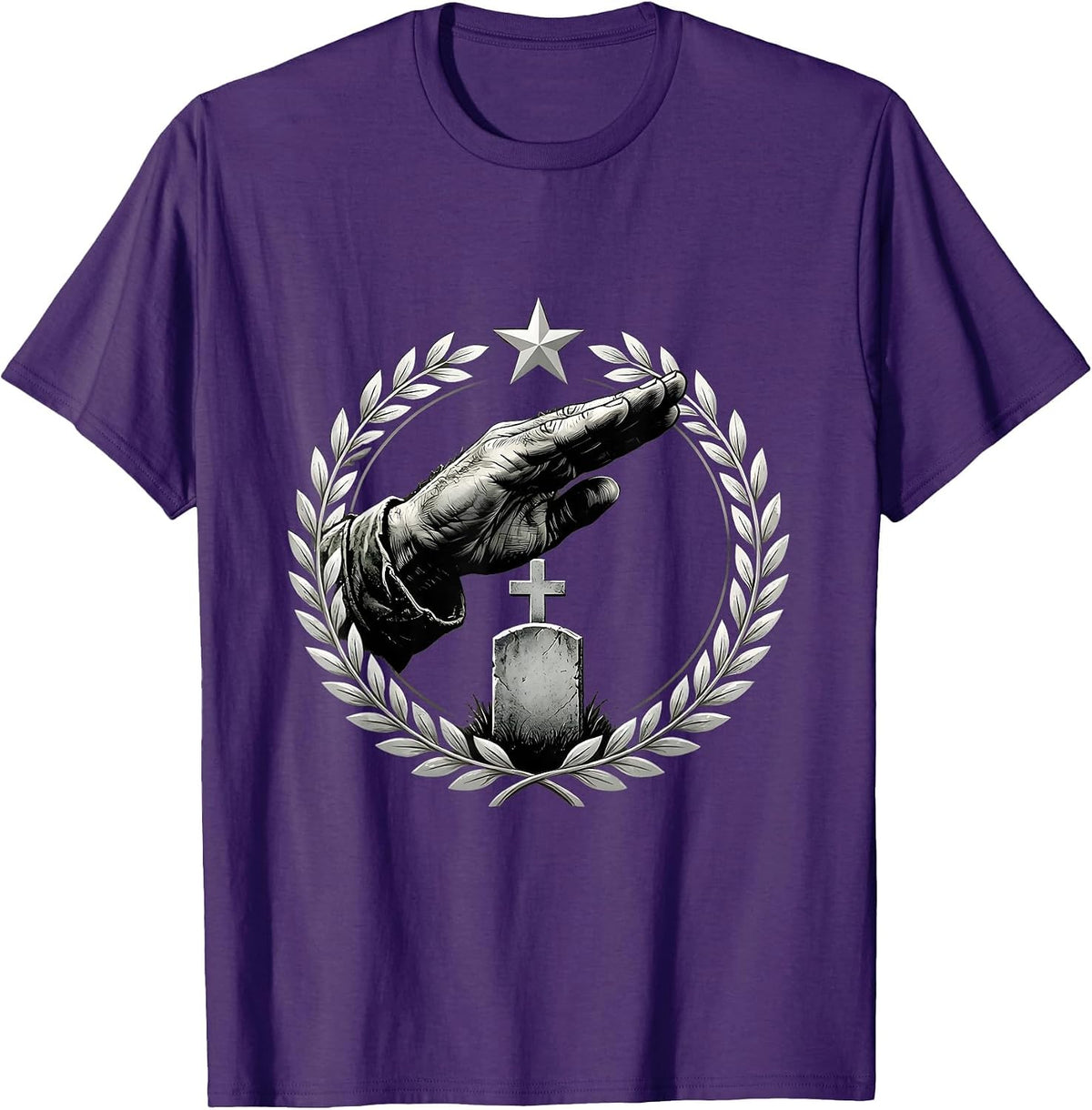 Veteran Salute Over Grave Marker Patriotic Art T-Shirt - Purple
