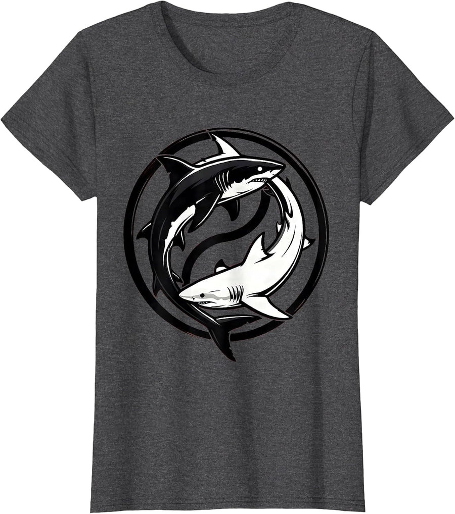 Women's Shark Yin Yang Balance Harmony Ocean Design T-Shirt - Dark Heather Grey