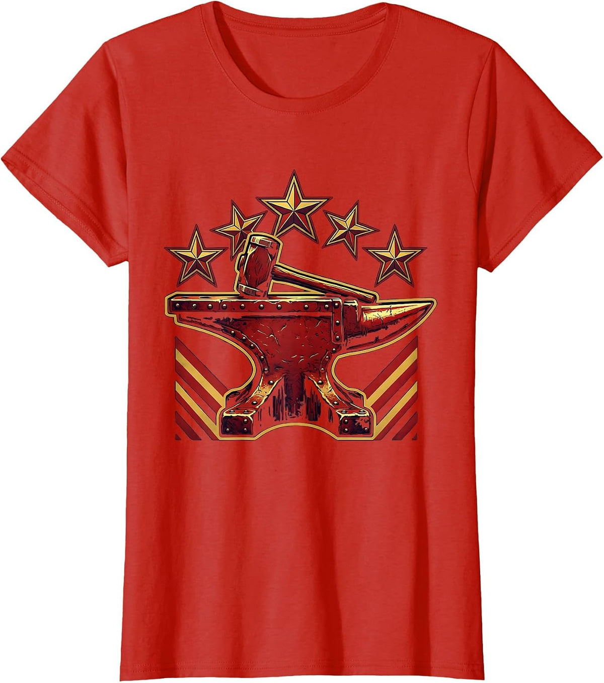 Iron Anvil Hammer Glowing American Stars Graphic T-Shirt - Red