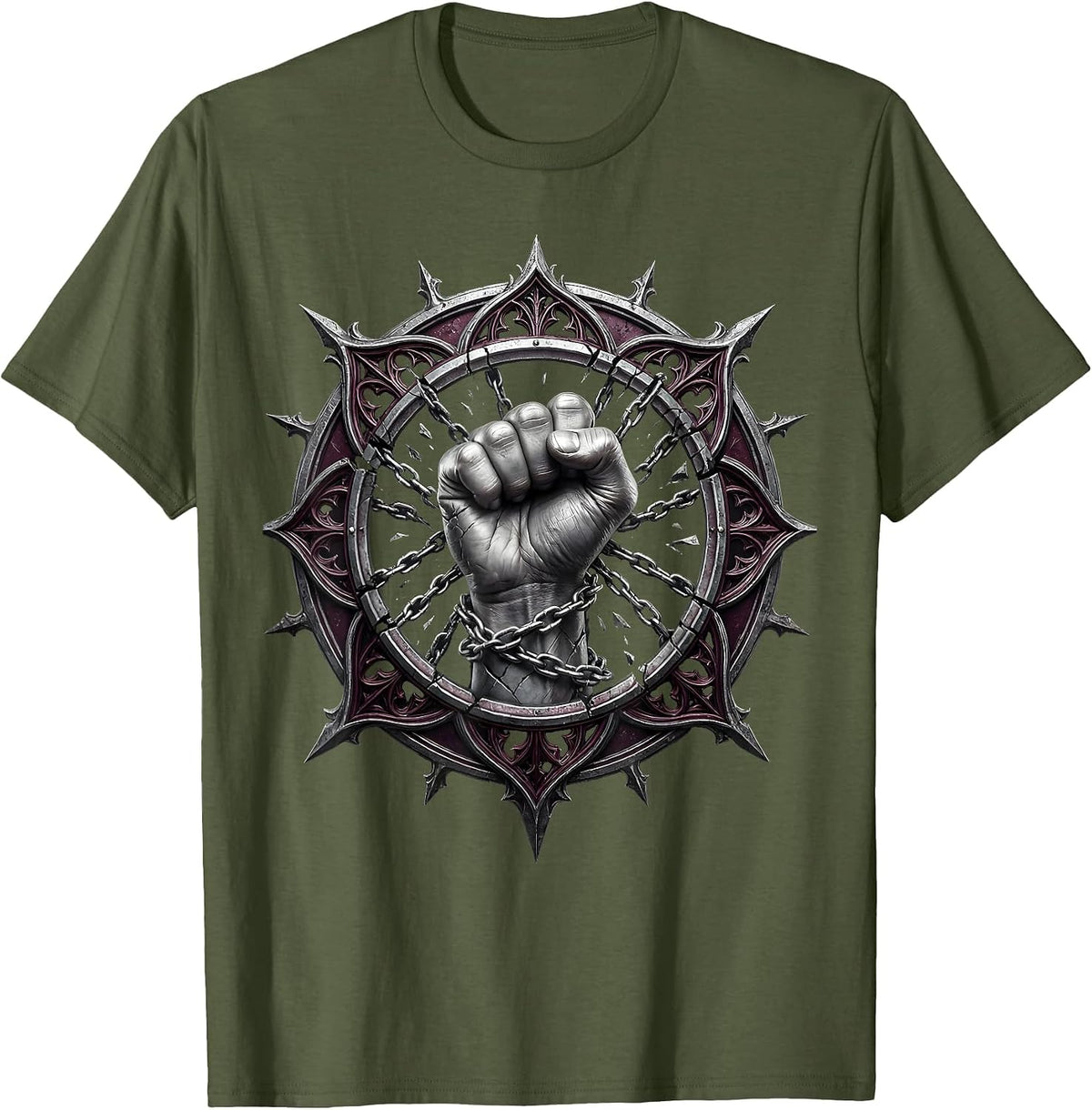 Breaking Chains Clenched Fist Metal Graphic T-Shirt - Olive Green