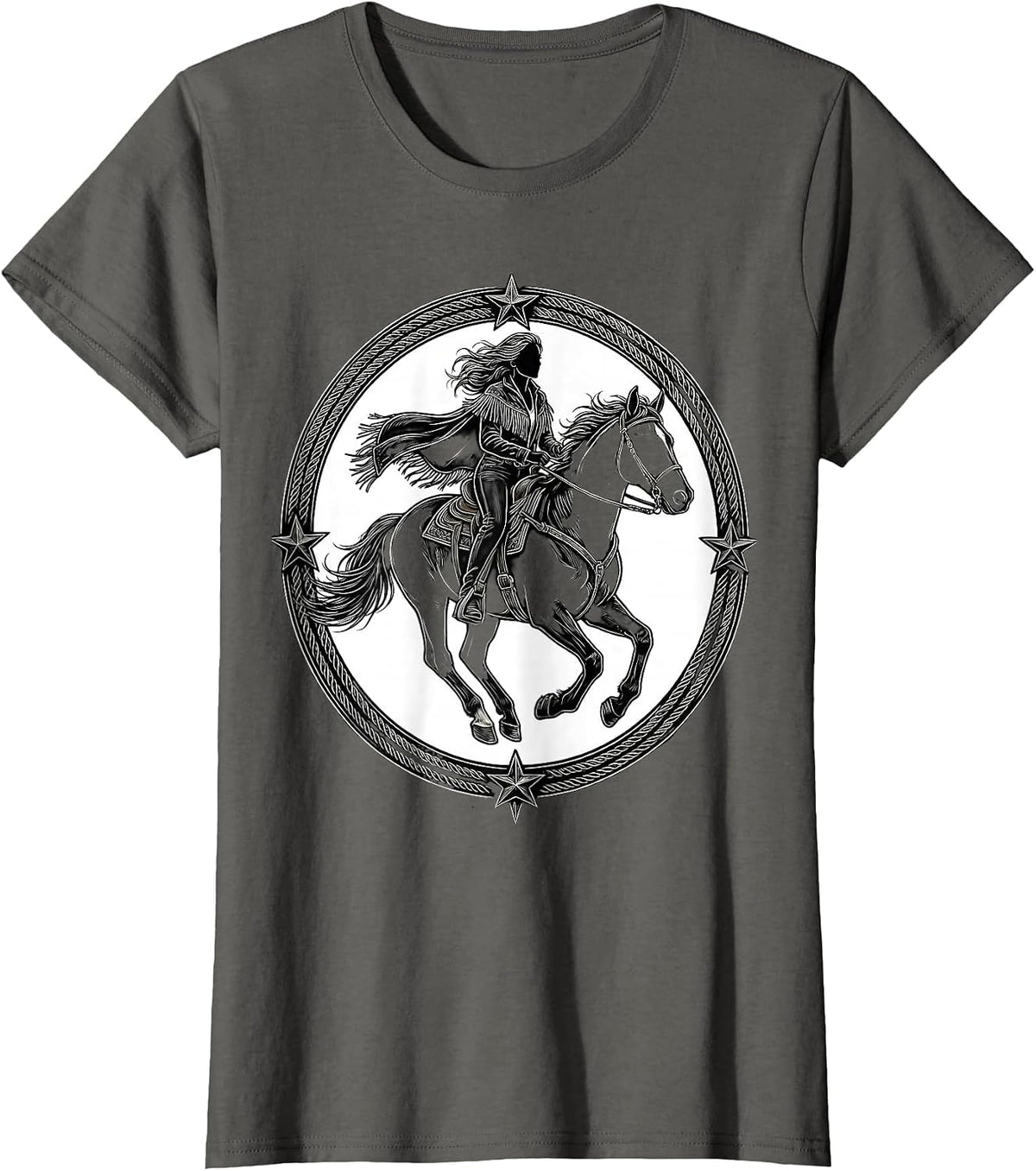 Women's Bareback Rider Fringe Jacket Rodeo Graphic T-Shirt - Asphalt Grey