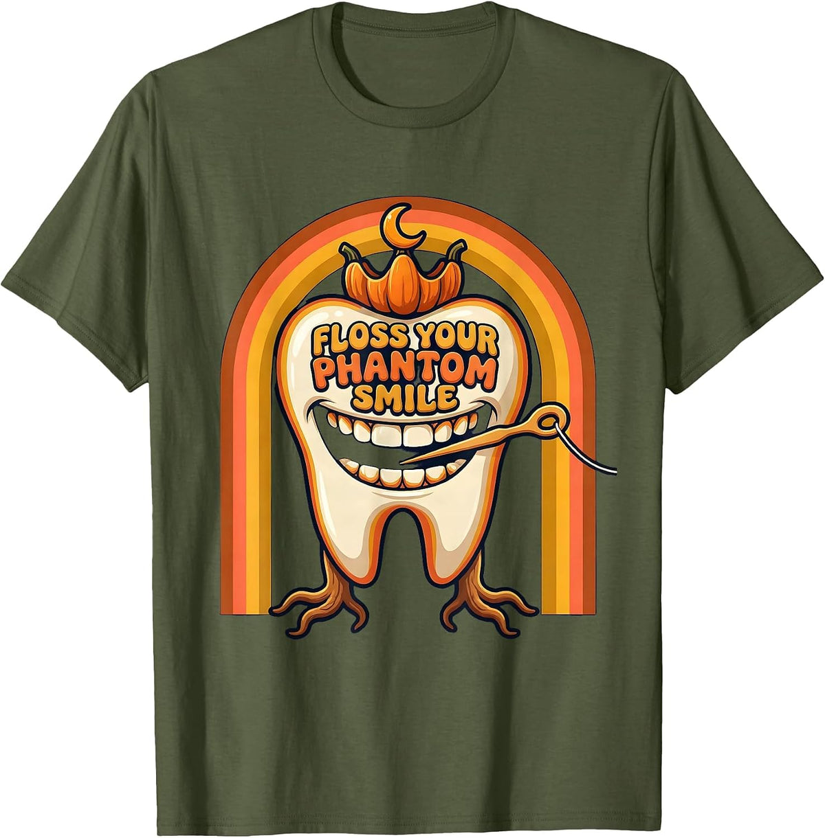 Men's Floss Your Phantom Smile Retro 70s Halloween Dentist Dental T-Shirt - Olive Green