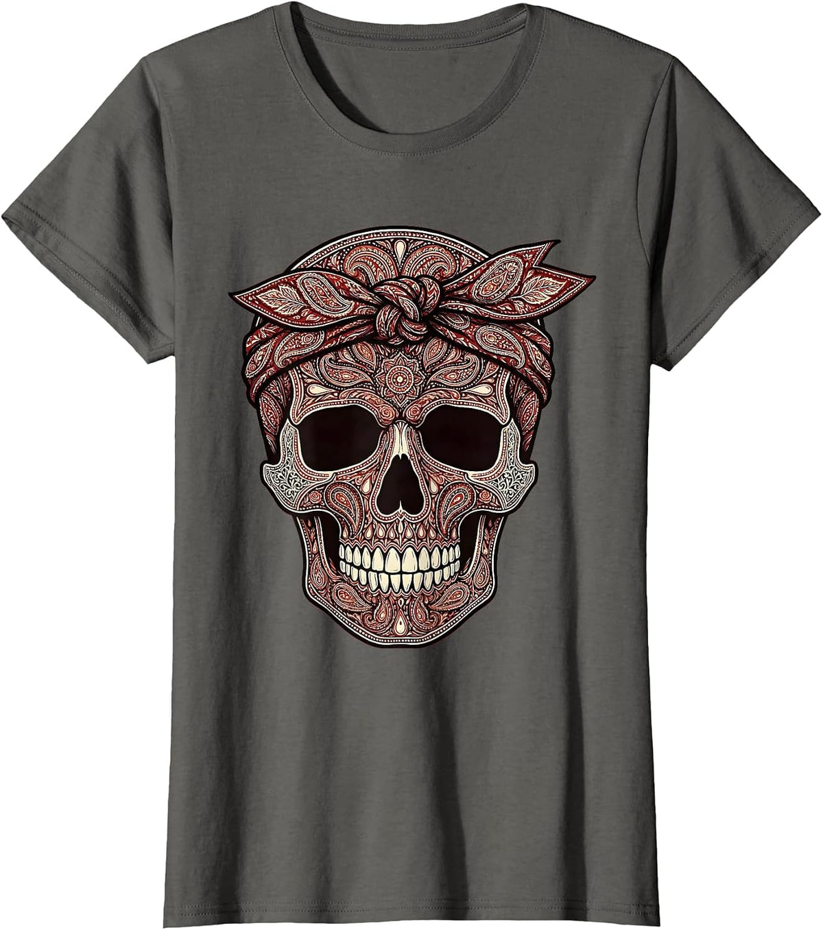 Women's Skull Knotted Bandana Headband Graphic T-Shirt - Asphalt Grey