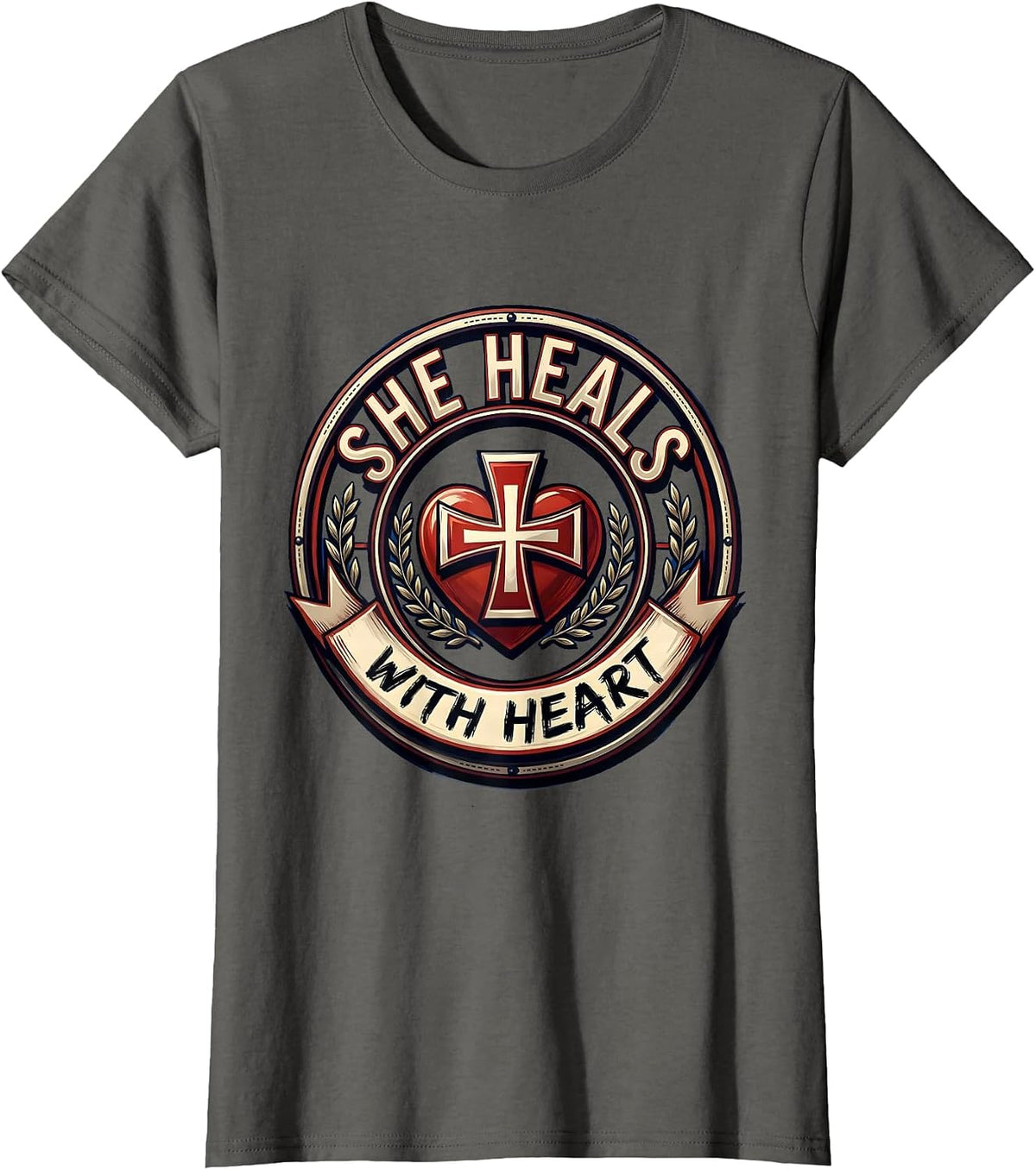 Women's She Heals With Heart Nurse Graphic Design T-Shirt - Asphalt Grey