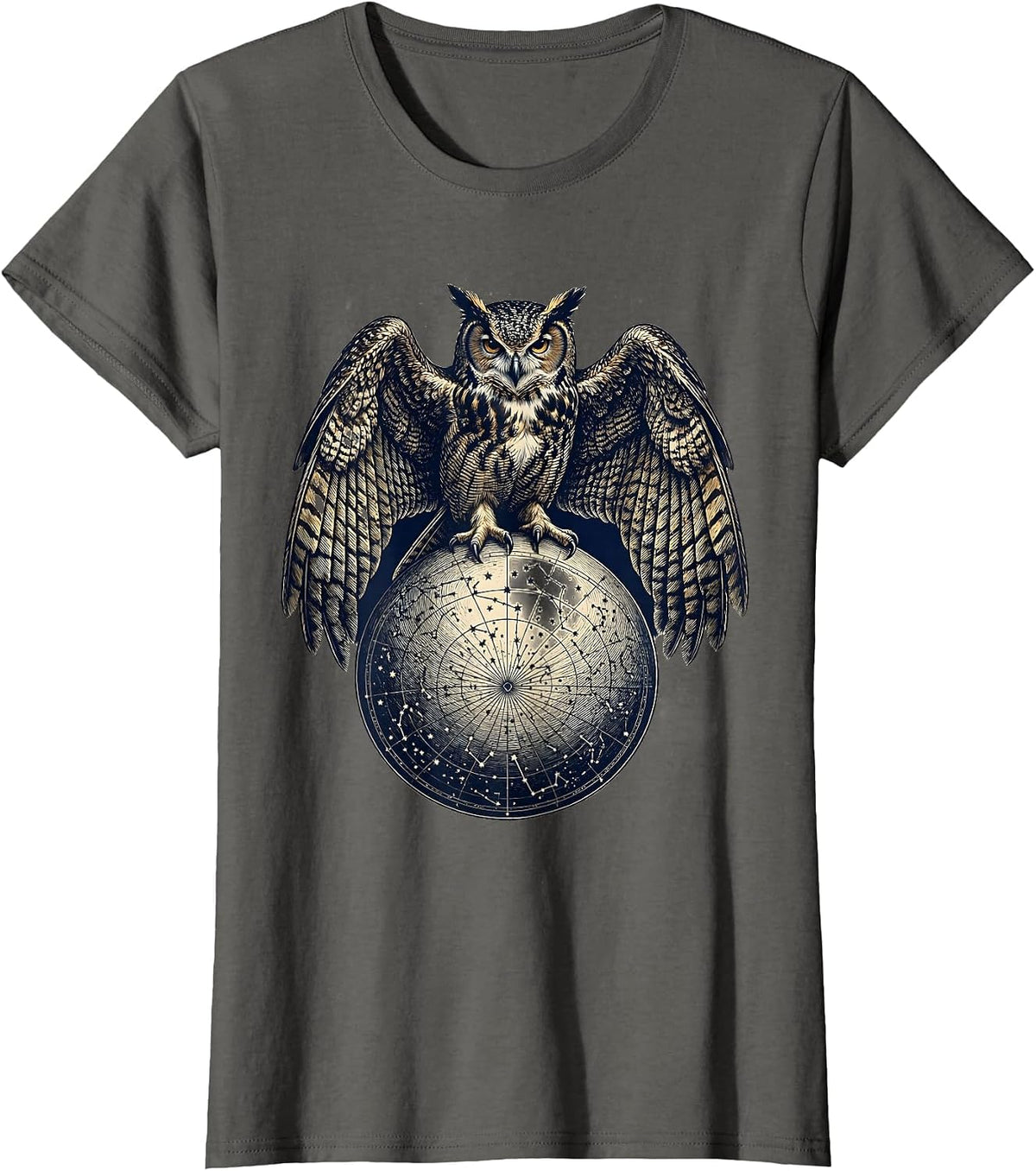 Women's Owl Perched on Constellation Map Illustration T-Shirt - Asphalt Grey