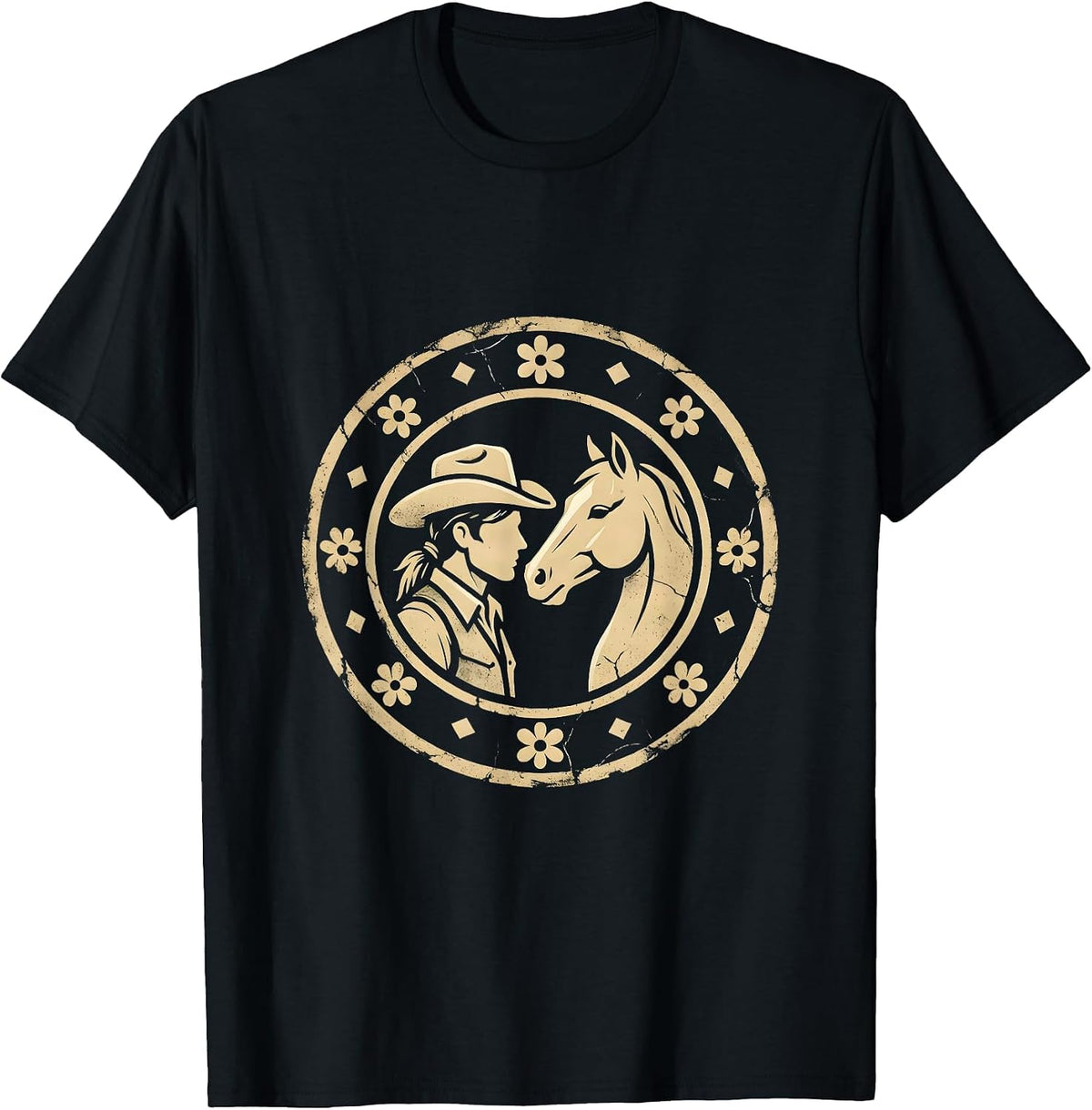 Men's Cowgirl and Horse Gentle Nose Touch Illustration T-Shirt - Black