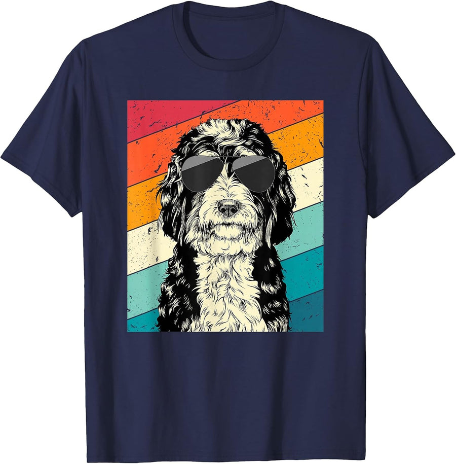 Retro Vintage Bernedoodle with Sunglasses Dog Lovers T-Shirt - Navy Blue