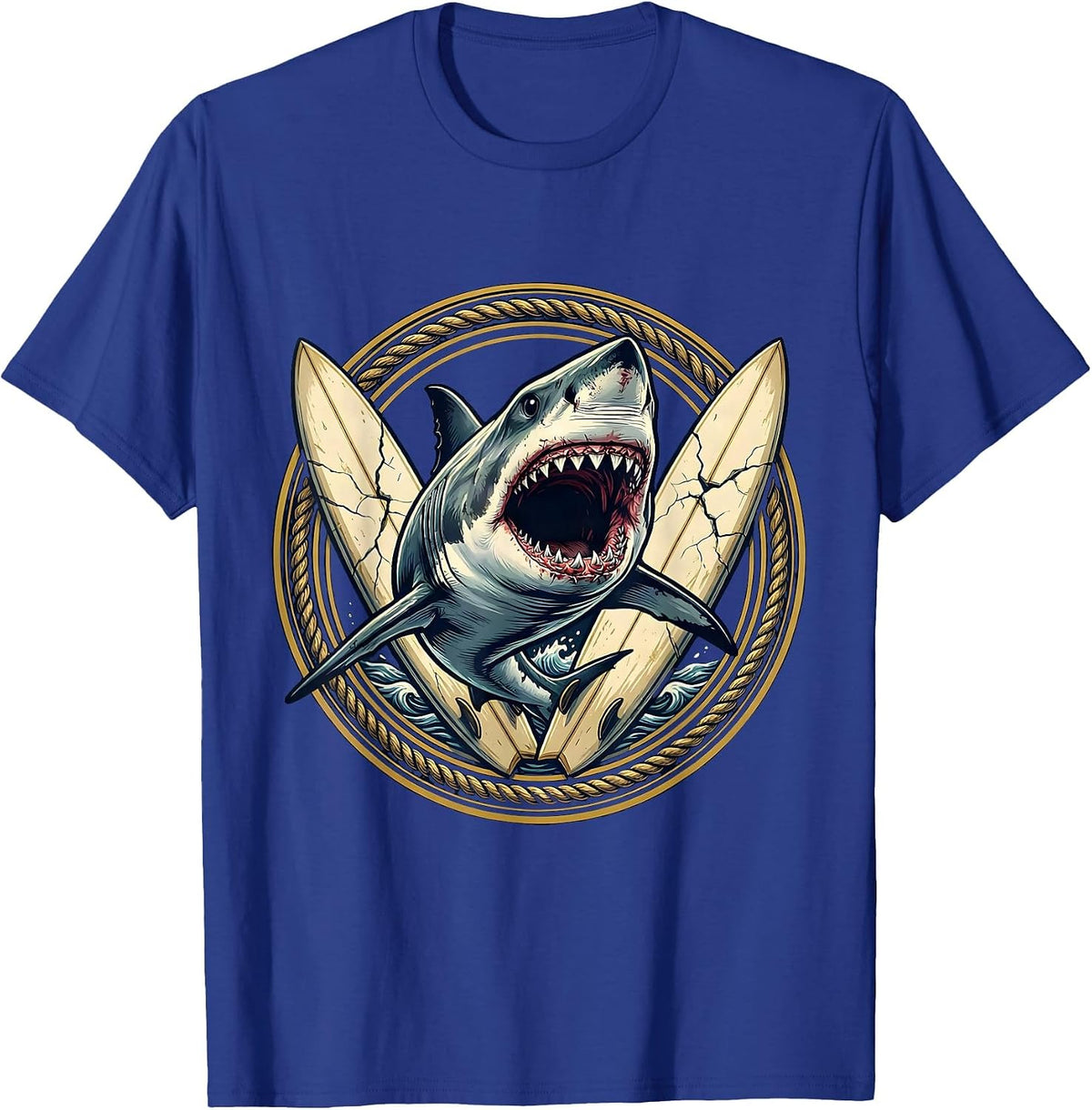 Men's Shark Bursting Through Vintage Surfboard Graphic T-Shirt - Royal Blue