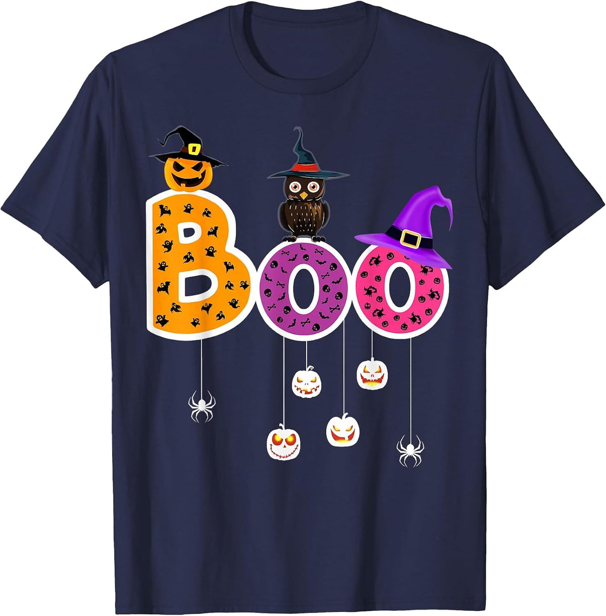 Boo Halloween Costume Spiders Ghosts Pumkin & Witch Hat T-Shirt - Navy Blue