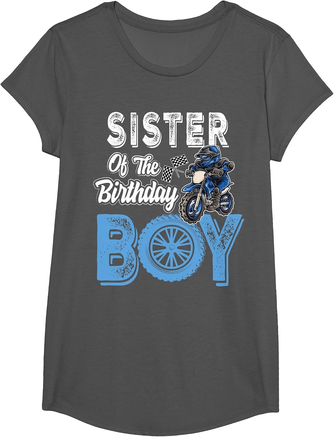 Sister of the Birthday Boy Dirt Bike B-Day Motocross Party T-Shirt - Girls Asphalt Grey