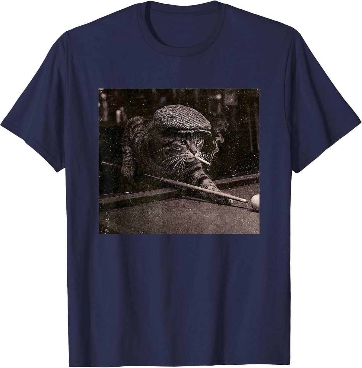 Kitten Cat Playing Pool Billiards Smoking Cigarette Meme 90s T-Shirt - Navy Blue