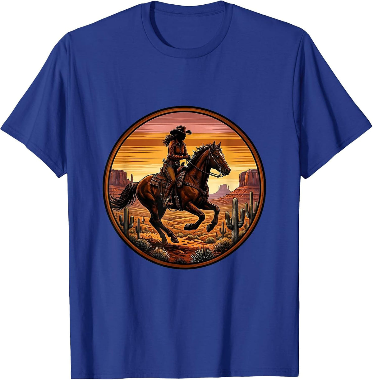 Denim Cowgirl Riding Horse Desert Sunset T-Shirt - Royal Blue