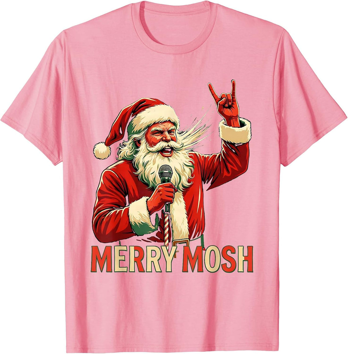 Merry Mosh Heavy Metal Rock Christmas Funny Novelty T-Shirt - Pink