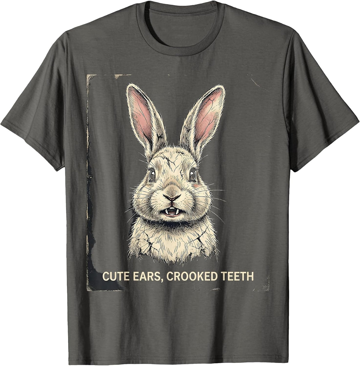 Cute Ears Crooked Teeth Distressed Bunny Rabbit Alt Goth T-Shirt - Asphalt Grey