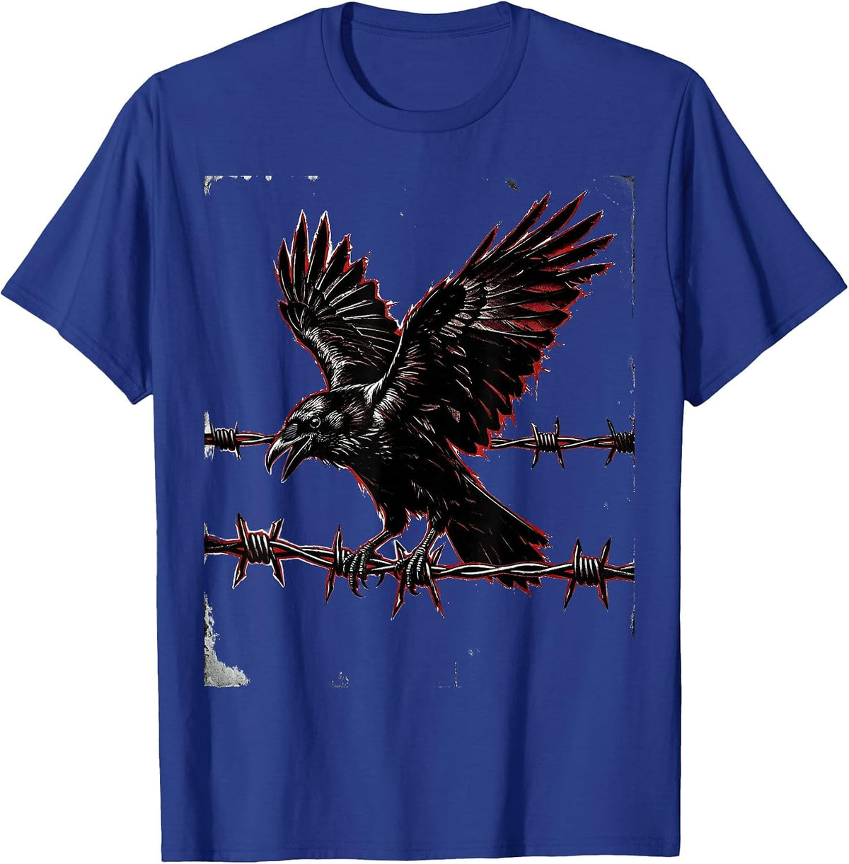 Punk Rock Crow on Barbed Wire Illustration T-Shirt - Royal Blue