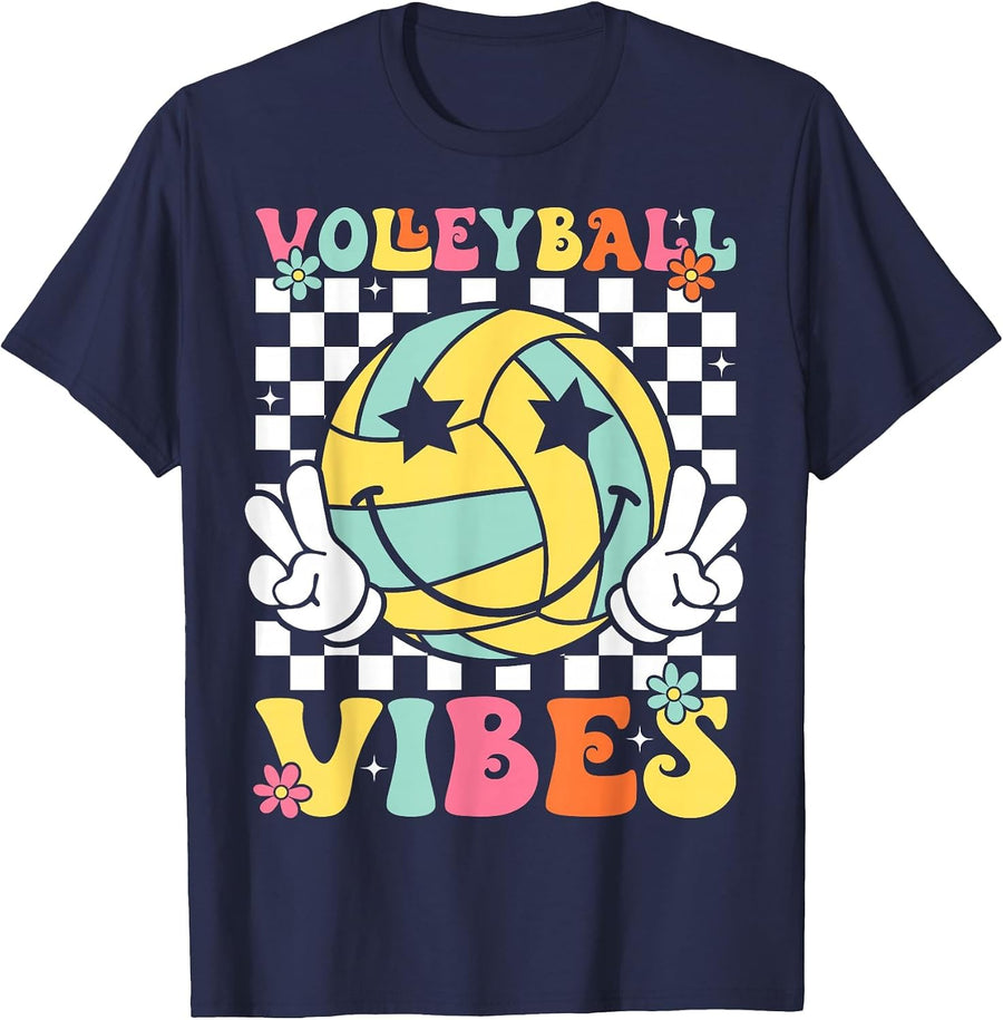 Volleyball Vibes Volleyball Retro Game Day Girls Women T-Shirt - Navy Blue