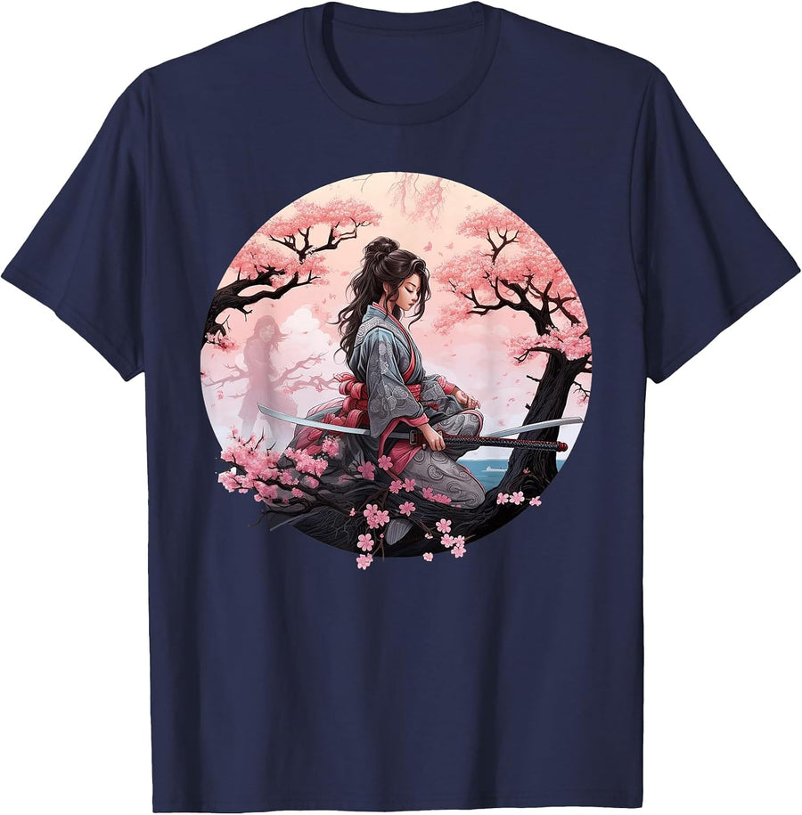 Japanese Samurai Girl Vintage Retro Sakura Cherry Blossom T-Shirt - Navy Blue