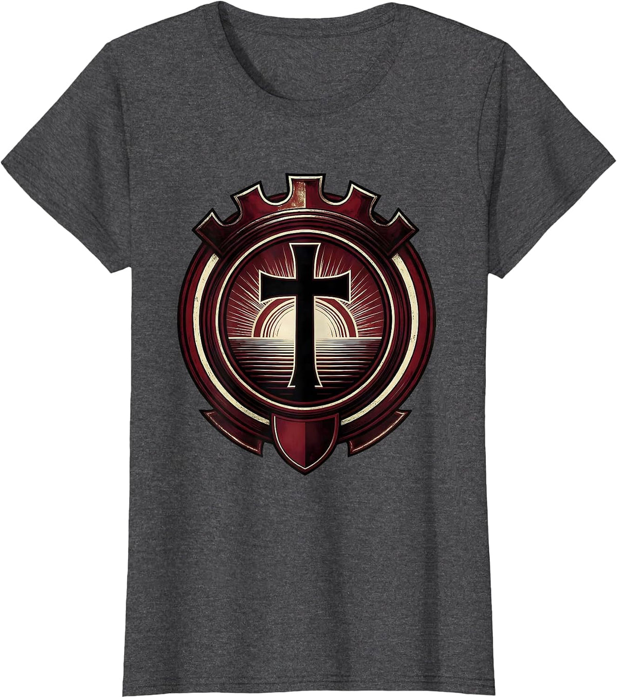 Women's Cross Silhouette Blood Red Sunset Graphic T-Shirt - Dark Heather Grey