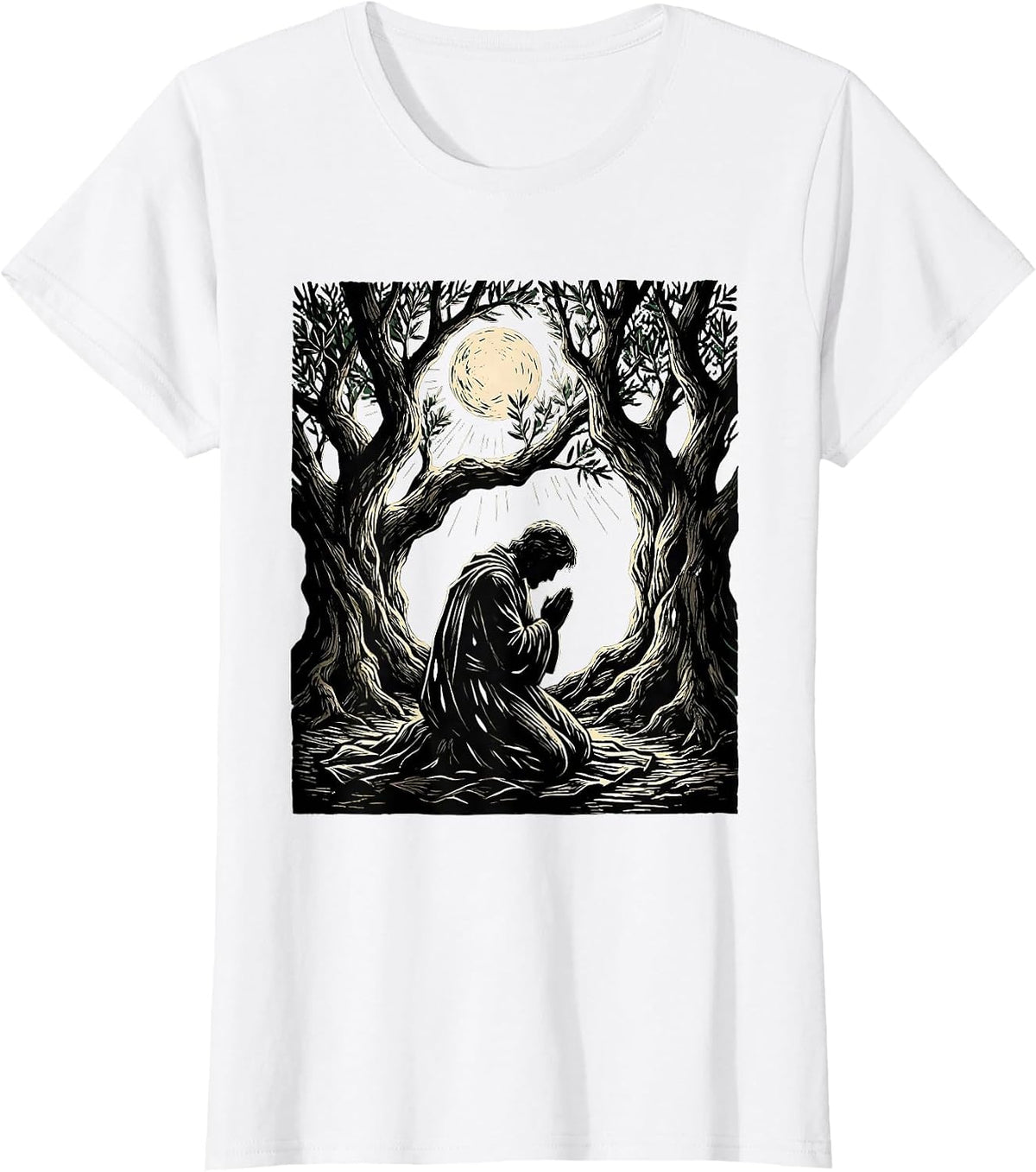 Jesus Kneeling in Gethsemane Moonlight Design T-Shirt - White