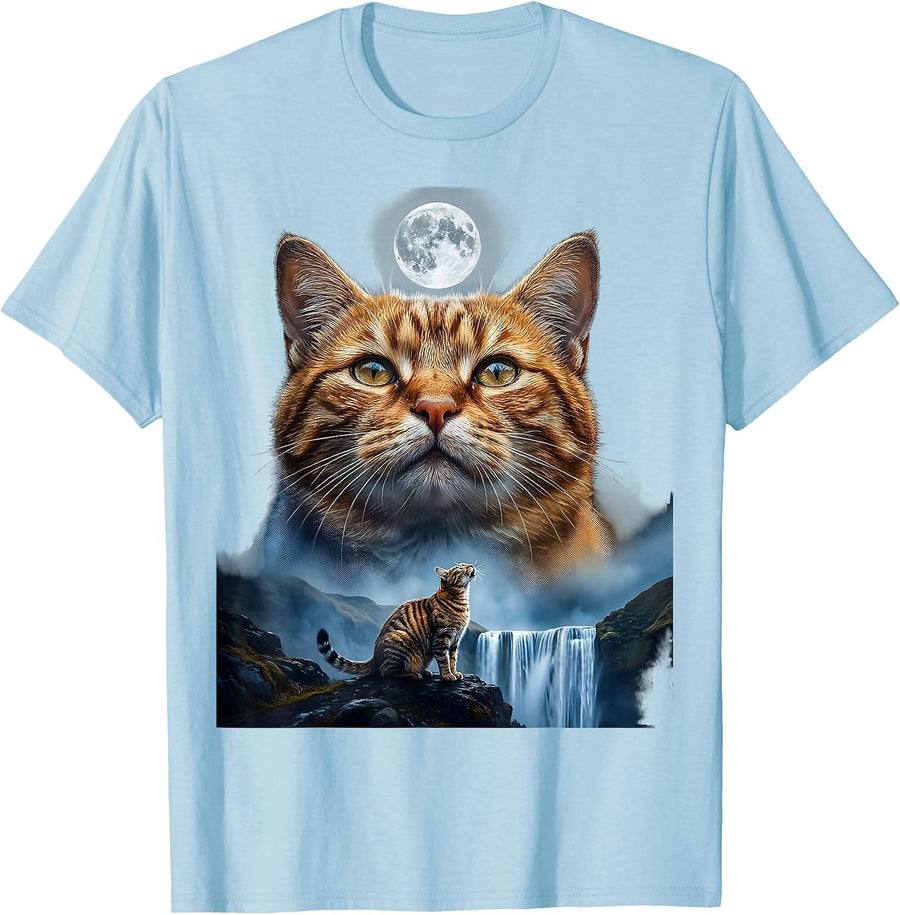 Men's Orange Tabby Cat Howling at Moon 90's Retro T-Shirt - Baby Blue