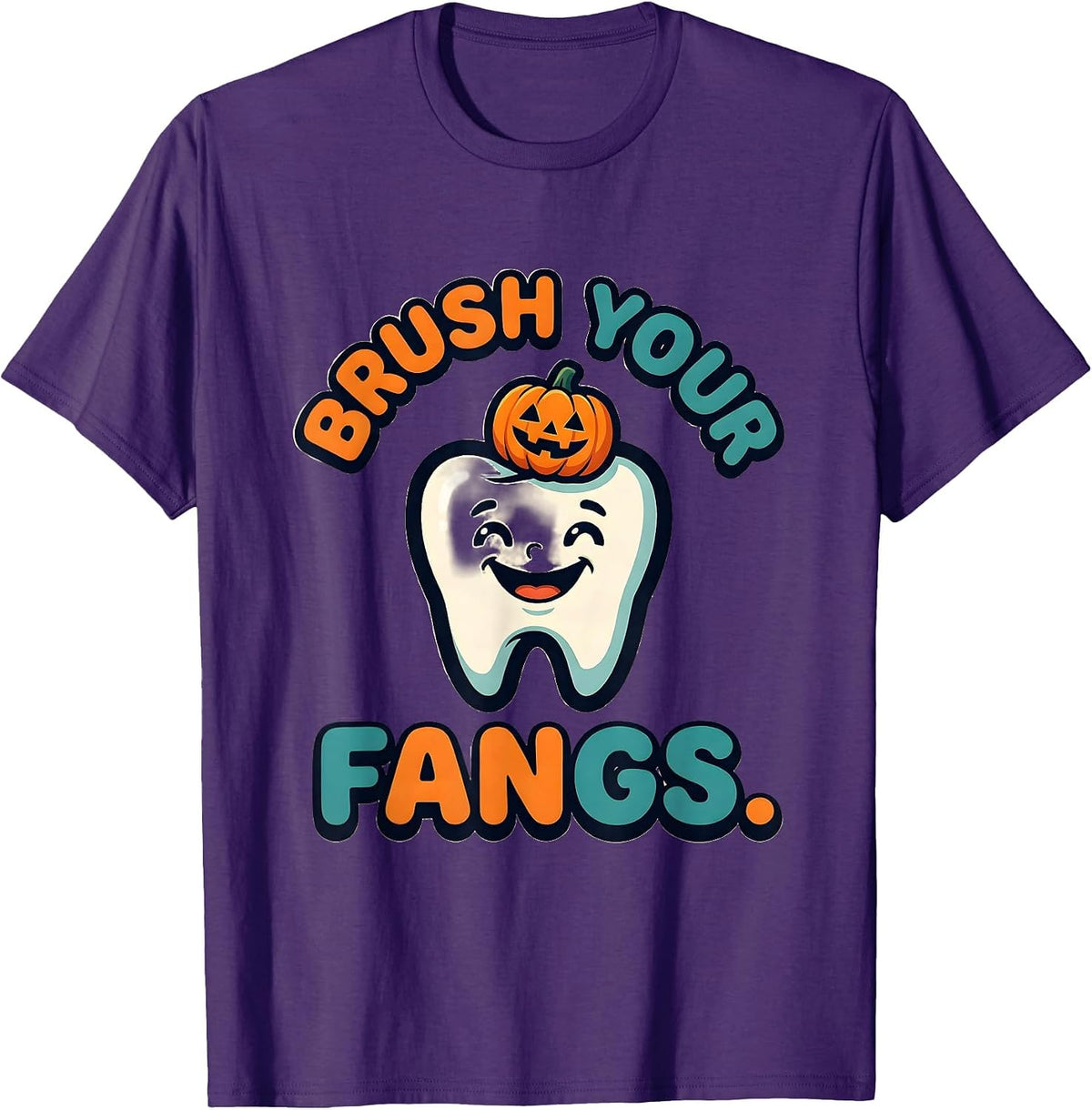 Brush Your Fangs Cartoon Halloween Dentist Dental Hygienist T-Shirt - Purple
