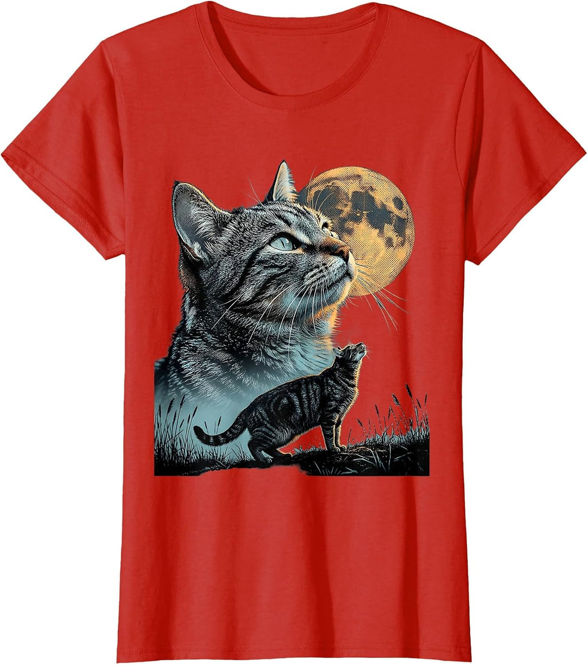 Grey Tabby Cat Howling at Moon 90's Retro T-Shirt - Red