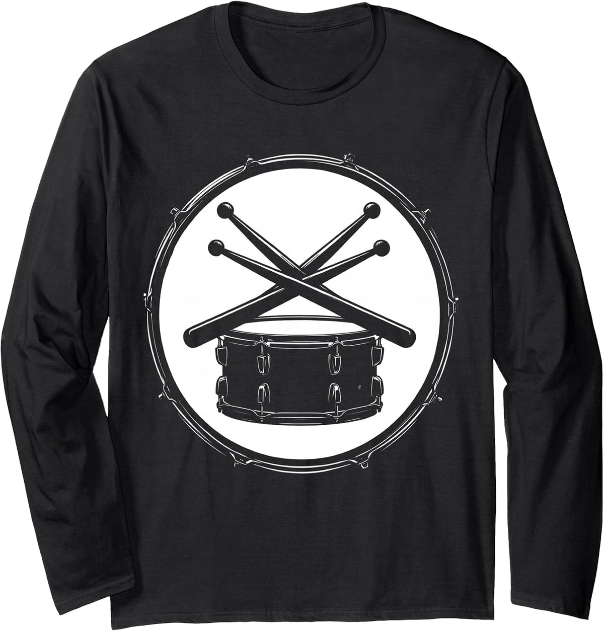 Crossed Drumsticks Snare Drum Rock Percussion Art Long Sleeve T-Shirt - Adult Unisex Black