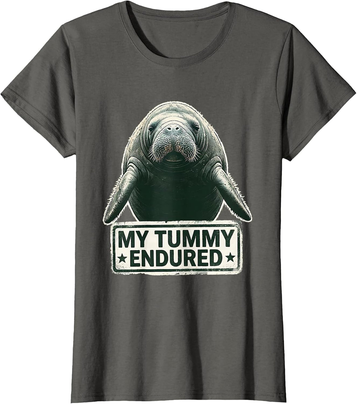 Women's My Tummy Endured Funny Tummy Ache Survivor Rubber Stamp Meme T-Shirt - Asphalt Grey