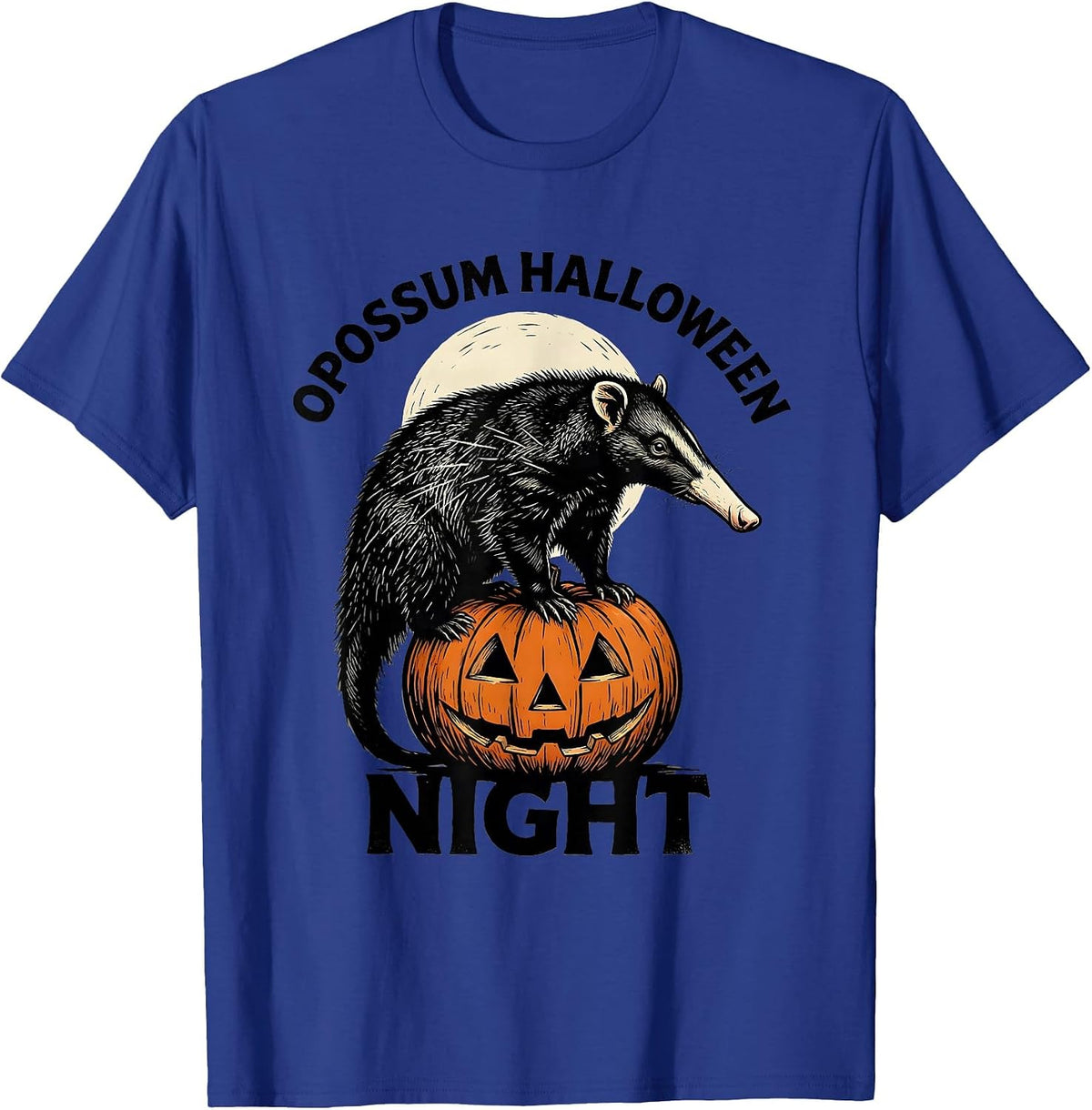 Opossum Halloween Night Linocut Spooky Moon Novelty T-Shirt - Royal Blue