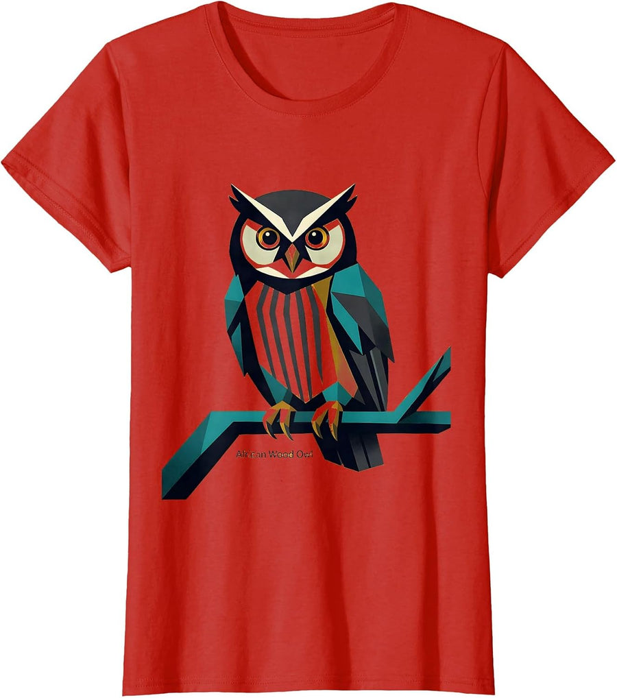 Women's African Wood Owl Midcentury Modern Owl Lover Nature T-Shirt - Red