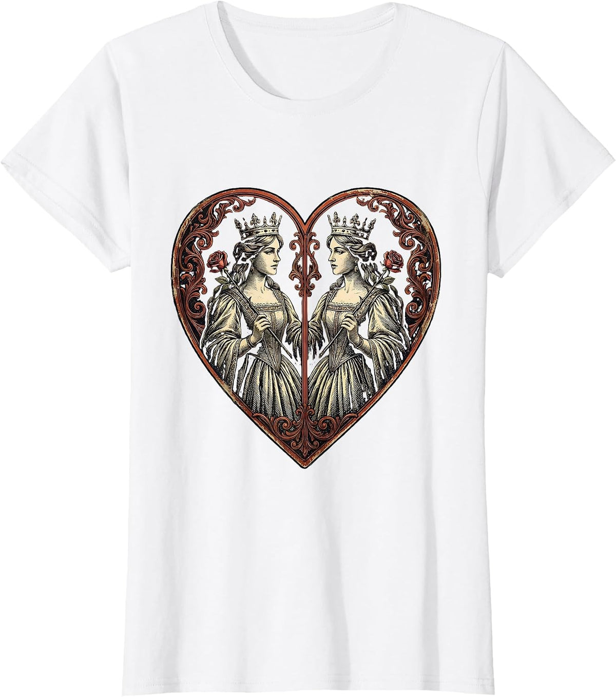 Queen of Hearts Mirrored Playing Card Design T-Shirt - White