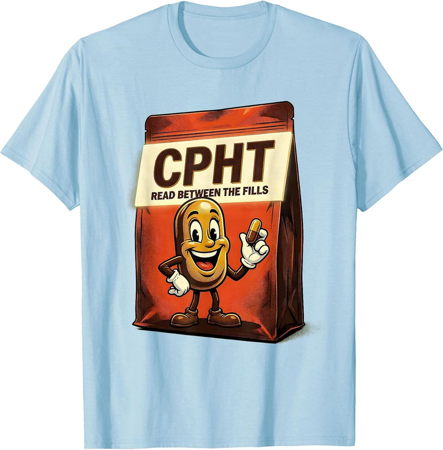 Men's CPhT Read Between The Fills Retro Advertising Pharmacy T-Shirt - Baby Blue